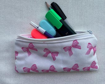 Handmade Quilted Pencil Case: Pink Bow Cotton Zipper Pouch