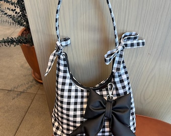 Black White Gingham Shoulder Bag: Custom Checkered Linen Bag with Bows Handmade Hobo Bag Cottagecore Style