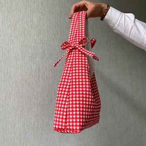 Handmade Red Gingham Checkered Bow Hobo Bag Gift for Her Unique Linen Fabric Sholuder Bag Cottagecore Style Purse Bow Ribbon Everyday Use