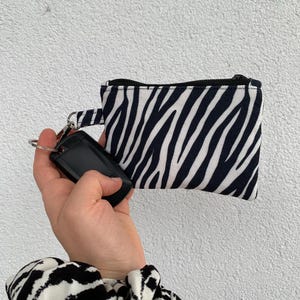 Handmade Zebra Print Zipper Pouch Black Gingham Checkered Lining Mini Pouch Gift for Her Unique Fabric Gift for Bridemaid Cottagecore Style