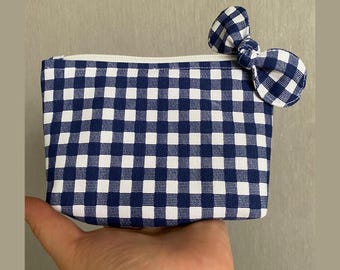 Personalized Handmade Blue Gingham Checkered Bow Mini Makeup Bag Gift for Her Unique Linen Fabric Gift for Bridemaid Cottagecore Style