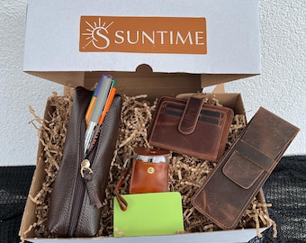 Conjunto de regalo personalizado de cuero genuino para hombre: Cartera repujada, estuche para bolígrafos, llavero organizador de llaves de cuero.