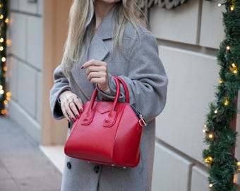 Bolso bandolera personalizado Mimi de piel auténtica: bolso de mano turco hecho a mano con monograma - Regalo personalizado con nombre para ella - Cartera roja