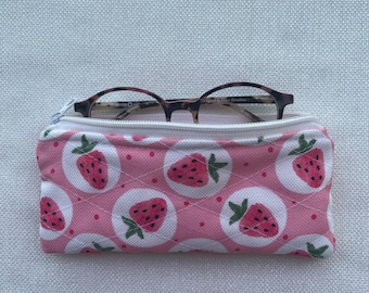 Strawberry Quilted Zipper Pouch: Handmade Cotton Glasses Case, Quilted Pencil Case