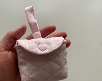 Pink Quilted Coin Purse with Heart Button - Handmade Small Quilted Pouch for Headphones