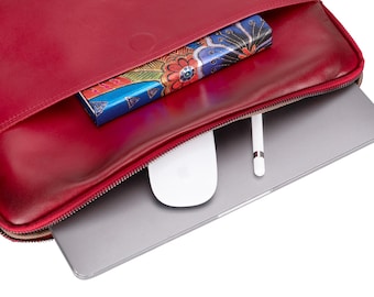 Bolso de cuero personalizado para portátil: Funda para MacBook de cuero turco genuino, funda para portátil grabada a láser personalizada, maletín de cuero rojo, regalo tecnológico