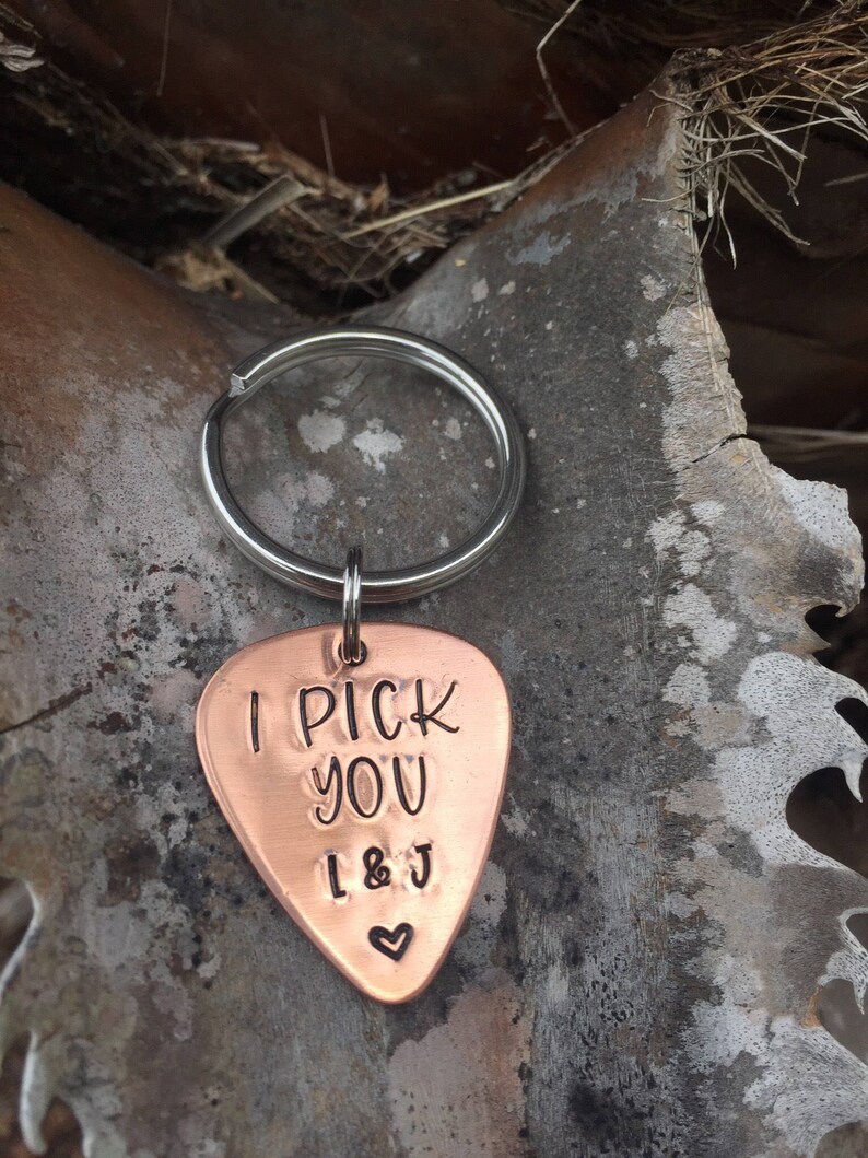 Hand stamped guitar pick key chain gift for men Etsy