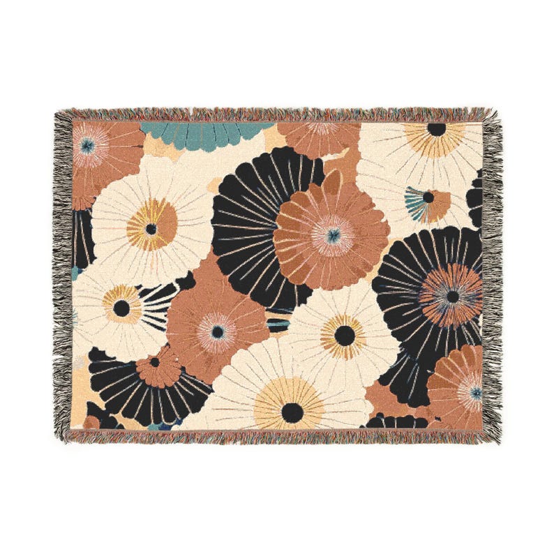 Retro Floral Woven Blanket, Bold Mid-Century Style Cotton Throw, Colorful Boho Decor for Sofa or Bed, Spring Gift for Her image 6