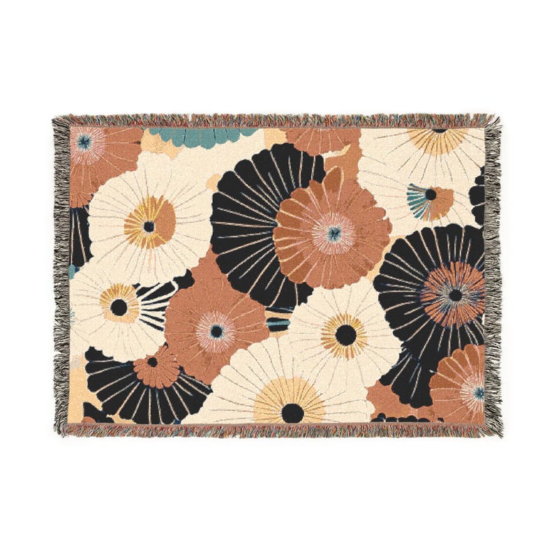 Retro Floral Woven Blanket, Bold Mid-Century Style Cotton Throw, Colorful Boho Decor for Sofa or Bed, Spring Gift for Her image 5