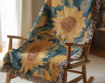 Van Gogh solrosfilt, vävd bomullspläd med fransar, konstnärlig bohemisk heminredning, mysig present till henne, mors dag-present