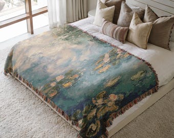 Monet Water Lilies Throw Blanket, Monet Style Water Lily Design, Woven Cotton Sofa Blanket, Fine Art Home Decor, Gift for Her or Mom
