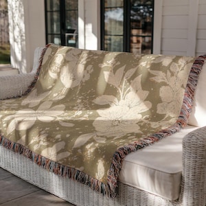 Nature Inspired Woven Blanket, Soft Green Throw with White Flowers, Spring Cottagecore Decor for Bed, Reading Nook or Couch