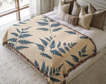 Botanical Woven Blanket, Green Fern Print on Cream, Cotton Fringe Throw, Japandi Home Decor, Gift for Plant Lover
