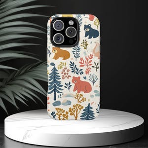 Woodland Bear iPhone Case, Whimsical Forest Animal Phone Cover, Cute Folk Art Nature Design, Cozy Fall Aesthetic Accessory