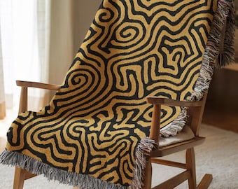 Abstract squiggle woven blanket, black and yellow maze pattern throw, modern pop art inspired home decor, bold unique gift 251
