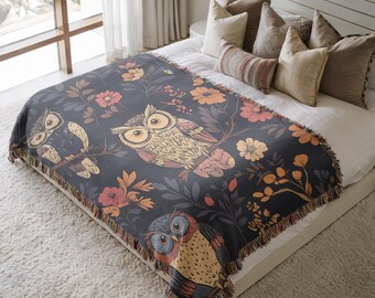 Boho Owl Throw Blanket, Autumn Wildlife Tapestry, Cozy Woven Blanket, Vintage Aesthetic Home Decor, Gift for Owl Lovers, Mother's Day Gift