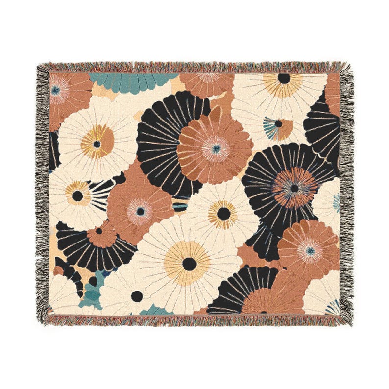 Retro Floral Woven Blanket, Bold Mid-Century Style Cotton Throw, Colorful Boho Decor for Sofa or Bed, Spring Gift for Her image 7