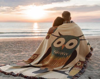 Vintage Owl Blanket, Boho Cotton Woven Throw, Nature-Themed Bedspread Gift for Owl Lovers, Cozy Couch Blanket, Rustic Housewarming Gift