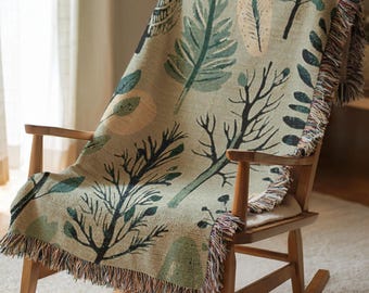 Botanische gewebte Decke, Grünes Blatt Print Überwurf, Frühlingsgeschenk für Sie, Cottagecore Stil