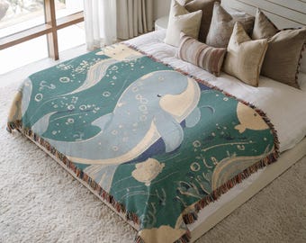 Blue Sea Life Woven Blanket, Whales and Octopus Design for Kids, Cute Baby Room Decor, Teen or Newborn Gift Idea
