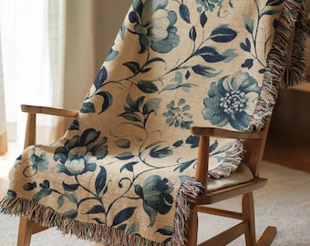 Woven Blanket with Blue Flowers, Cottagecore Floral Throw, Cozy Cotton Fringe Blanket, Summer Home Gift, Housewarming Idea
