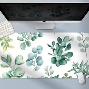 Watercolor Plant Desk Pad, Nature Inspired Mouse Mat, Clean Modern Decor Gift Idea, Eucalyptus Leaf Pattern