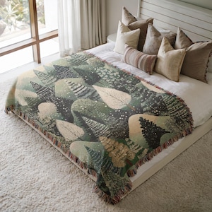 Woodland Tree Woven Throw Blanket, Forestcore Home Decor, Cozy Nature Aesthetic Gift, Bed or Sofa Layer, Winter Cabin Blanket