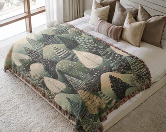 Woodland Tree geweven deken, Forestcore Home Decor, Cosy Nature Esthetic Gift, Bed of Sofa Layer, Winter Cabinedeken