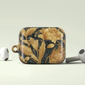 Vintage AirPods Case, Black and Gold Botanical Print, Glossy Protective Floral Cover, Dark Academia Gift for Her or Mom