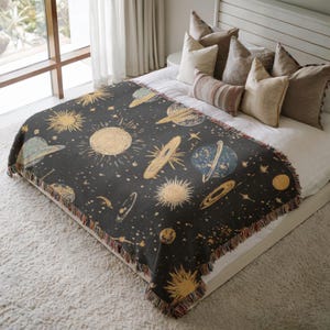 Celestial Woven Blanket, Sun and Planet Design Throw, Boho Galaxy Blanket 60x80, Gift for Her, Astrology Decor, Mother’s Day Gift