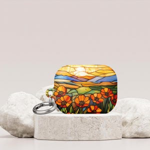 Buttercups Flowers Field Airpod case, Orange Sunset on the blue sky Stained Glass, Botanical design Airpod Cover for Airpod gen 1 2 3 Pro