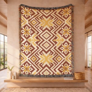 Kilim Inspired Woven Blanket, Boho Geometric Throw, Terracotta Mustard Tapestry, Vintage Folk Pattern Blanket, Cozy Eclectic Home Decor 0074