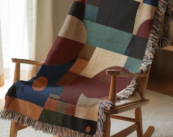 Mid Century Geometric Throw Blanket, Retro Color Block Woven Decor, Bauhaus Modern Art Bedding, Couch or Bed Statement Blanket