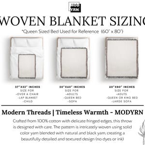 May include: Diagram of woven blanket sizes: 37"x52" for a chair, 50"x60" for a queen bed, and 60"x80" for a queen or king bed. The text reads "Woven Blanket Sizing" and "Modern Threads | Timeless Warmth - MODYRN".