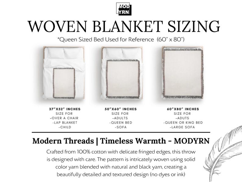 May include: Diagram of woven blanket sizes: 37"x52" for a chair, 50"x60" for a queen bed, and 60"x80" for a queen or king bed. The text reads "Woven Blanket Sizing" and "Modern Threads | Timeless Warmth - MODYRN".