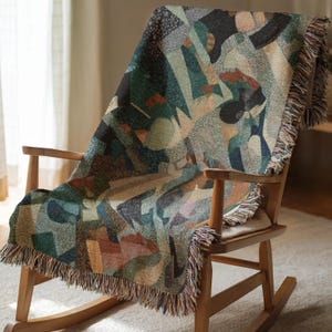 Abstract Green Forest Woven Blanket, Modern Cubist Style Throw, Artistic Nature Tapestry, Bold Couch or Bed Art Blanket