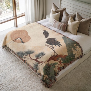 Manta tejida con grulla japonesa, elegante tapiz con pájaros, manta bohemia de algodón suave, colcha acogedora, regalo único de decoración para el hogar