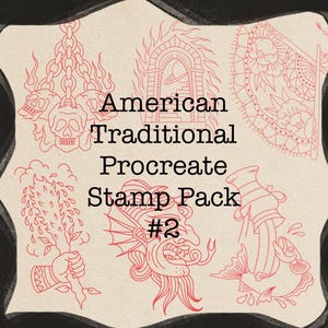 May include: A digital stamp pack with American traditional tattoo designs. The red line art includes skulls, flames, a portal, a hand holding a plant, a demon head, and a fish. The text reads "American Traditional Procreate Stamp Pack #2."