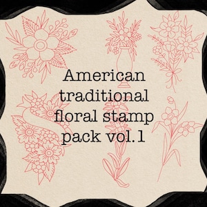 Può includere: Una collezione di disegni di timbri floreali rossi su sfondo crema, con il testo "American traditional floral stamp pack vol. 1". I disegni includono varie composizioni floreali e fiori singoli.