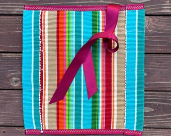 Waldorf Crayon Roll | Holds 12 Stockmar Beeswax Block Crayons | Teal Stripes |