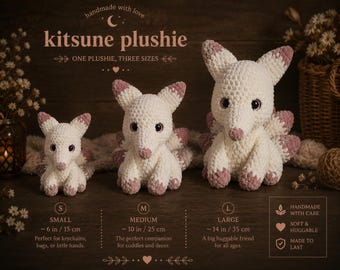 Crochet Kitsune Fox Plushie Doll, Kawaii Plushy, Mythical Anime Crochet Creation, Large, Medium, Small
