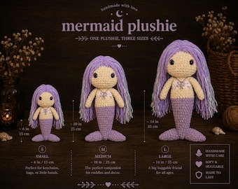Peluche grande de sirena de ganchillo: Muñeca decorativa color púrpura con temática oceánica