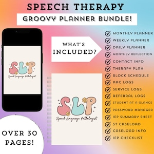 May include: A digital planner bundle for speech and language therapists. The bundle includes a monthly, weekly, and daily planner, as well as logs for therapy plans, AAC, service, and referrals. The bundle also includes a student at a glance sheet, password manager, IEP summary sheet, caseload information, and an IEP checklist. The image features a colourful logo with the letters "SLP" for "Speech and Language Therapist".