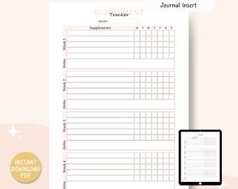 Pode incluir: Um inserto de diário rastreador de suplementos imprimível com o título "Supplement Tracker". O layout inclui seções para suplementos, um calendário semanal e notas. O design está em uma paleta de cores suaves e está disponível nos tamanhos A4, A5, US Letter e Half Letter.