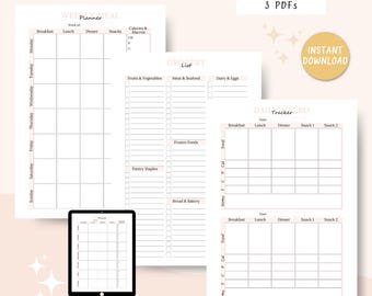 Weekly Meal Planner Bundle Printable, Grocery List, Shopping List, Daily Macro Tracker, Fitness Meal Prep, Calorie Tracker, Weight Loss Plan