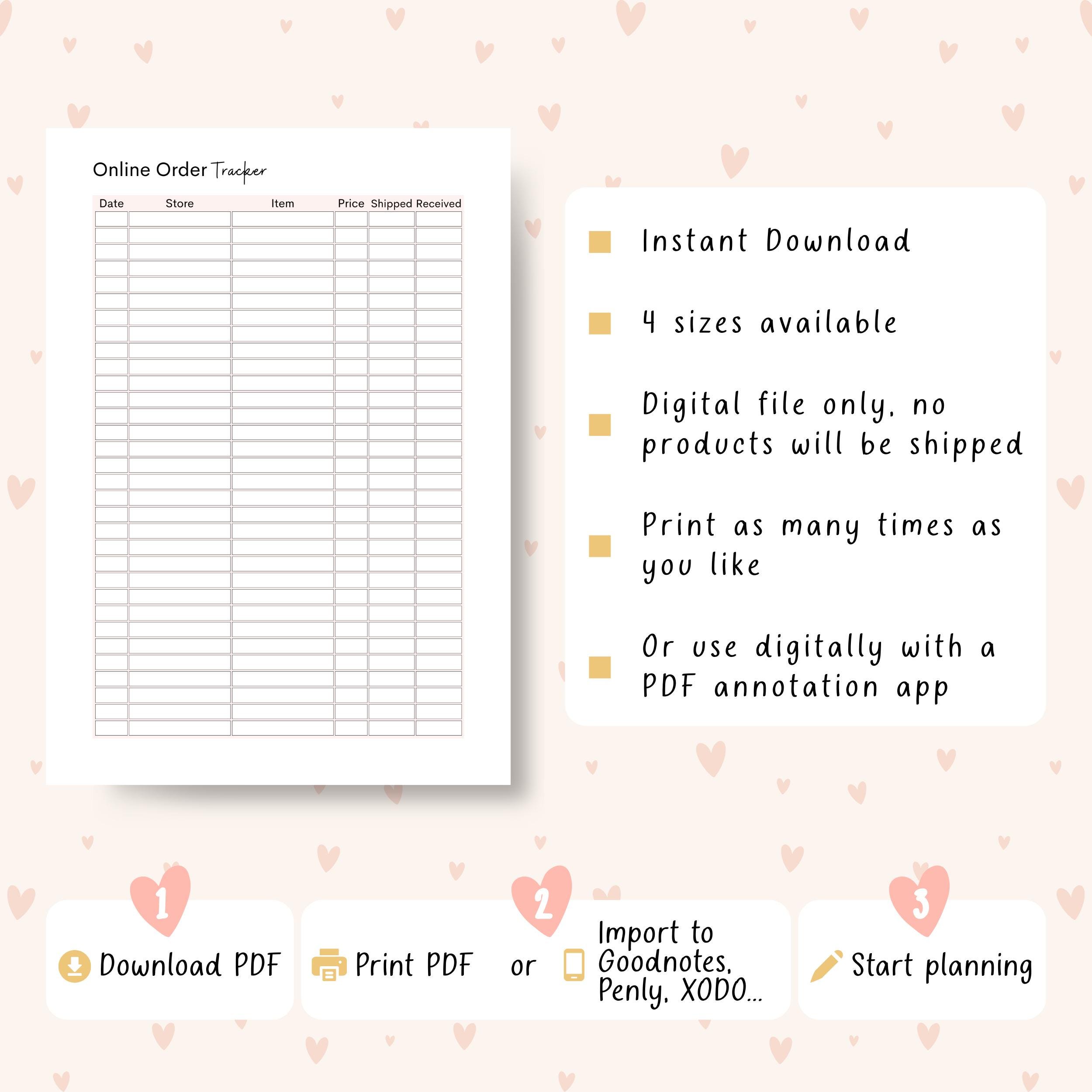 Online Order Tracking Sheet Printable, Shopping and Purchase Log ...
