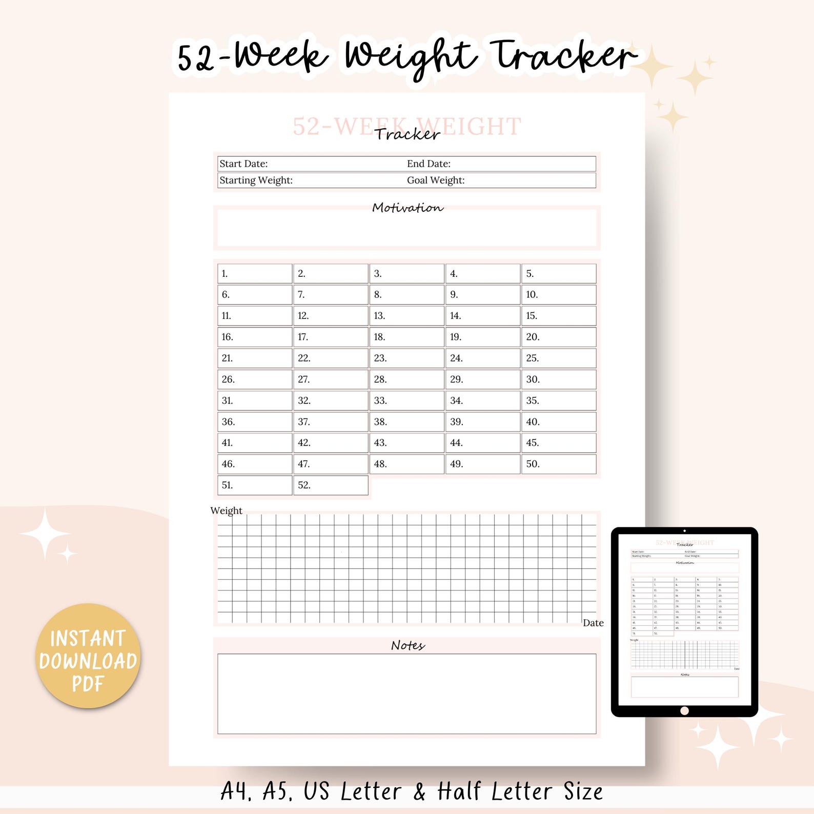52-week Weight Loss Tracker Printable, Health and Fitness Progress ...