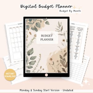 Op de afbeelding: Een digitale budgetplanner met een bloemenontwerp, met de tekst "Digital Budget Planner" en "Budget By Month". De planner bevat maandkalenders, budgetvolgpagina's en een index. De omslag heeft een beige achtergrond met botanische illustraties.