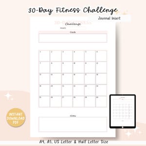 30-Day Fitness Challenge Printable, Blank Progress Tracker, Fitness Journal Insert, Habit Tracker, A4/A5/Letter/Half Letter, PDF, Pink