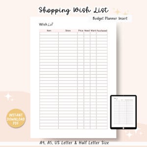 Einkaufswunschliste zum Ausdrucken, Kauf-Tracker, Checkliste kaufen, Geschenk-Einkaufsliste, Buchhaltungs-Arbeitsblatt, A4 / A5 / Letter / Half Letter PDF, Rosa